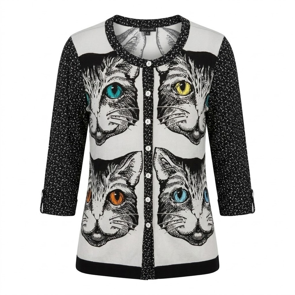 John Mark Womens Medium Black Cat Graphic Button Front Blouse Whimsical